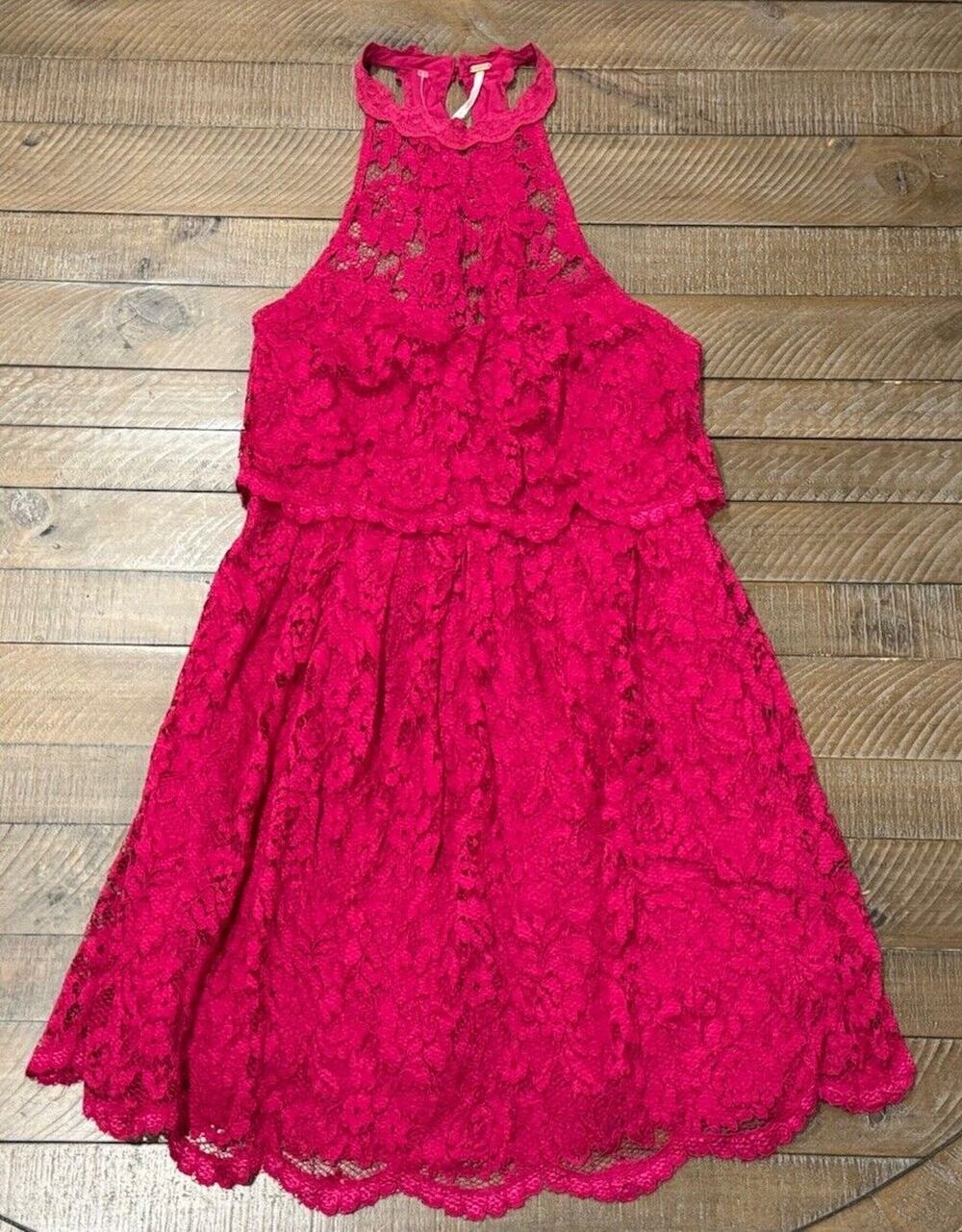 Free People Lost in a Dream Fuchsia Lace Dress Halter Tiered - Size 6